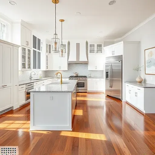 Modern kitchen remodel in Bethesda with white cabinetry, granite island, stainless steel appliances, and hardwood floors.