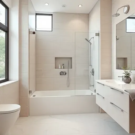 Finished modern bathtub to shower conversion in Rockville with glass enclosure, chrome fixtures, and neutral-toned tiles