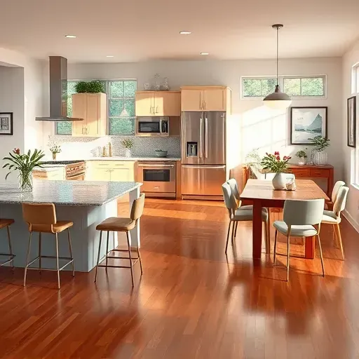 Modern kitchen remodel in Springfield VA with granite countertops, stainless steel appliances and hardwood floors.