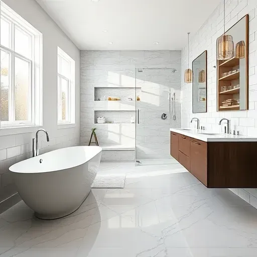 Renovated Potomac MD bathroom with modern tub, marble floors, glass shower, double vanity, and neutral tones