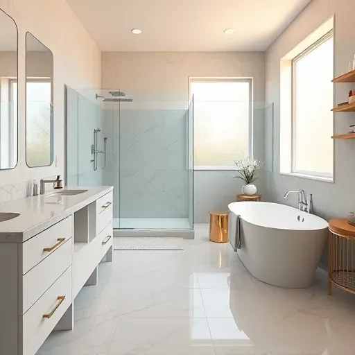 Remodeled Tysons VA bathroom with modern fixtures, glass shower, freestanding tub, marble countertops, and elegant neutral tones