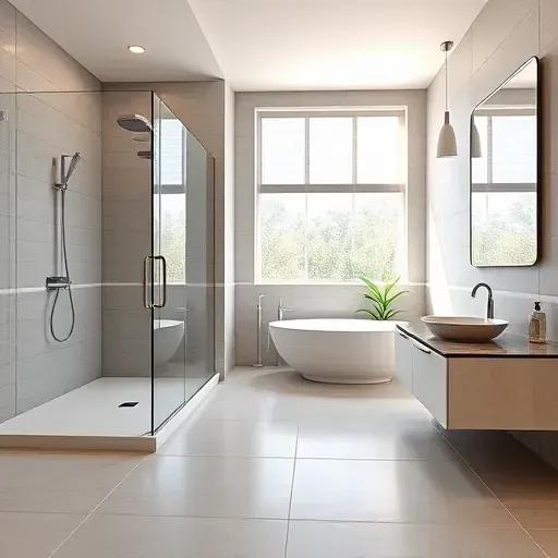 Recently remodeled bathroom in Rockville MD featuring modern elegance, freestanding tub, and sleek glass shower.