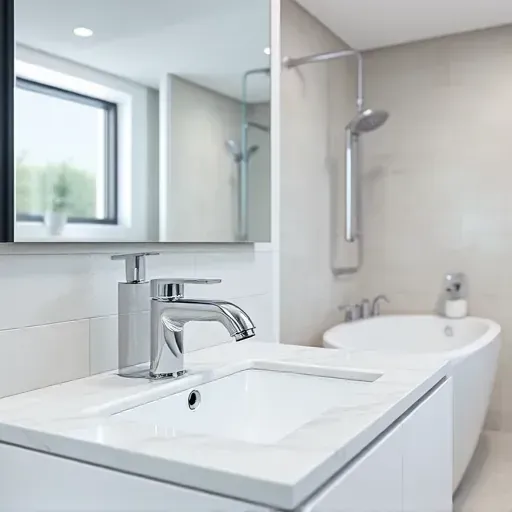 Finished bathroom plumbing with chrome fixtures, modern piping, marble vanity, tiled walls, and bright natural lighting in Rockville MD