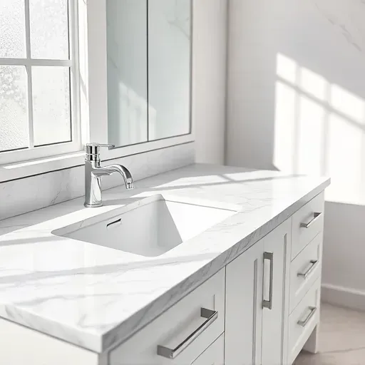 Completed marble bathroom countertop in Rockville MD with sleek white and gray tones, minimalist vanity, and modern chrome fixtures