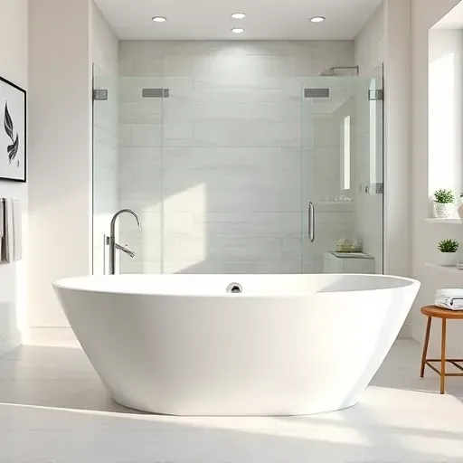 Completed modern bathtub installation in a stylish, neutral-toned bathroom with sleek fixtures, elegant tilework, and natural lighting