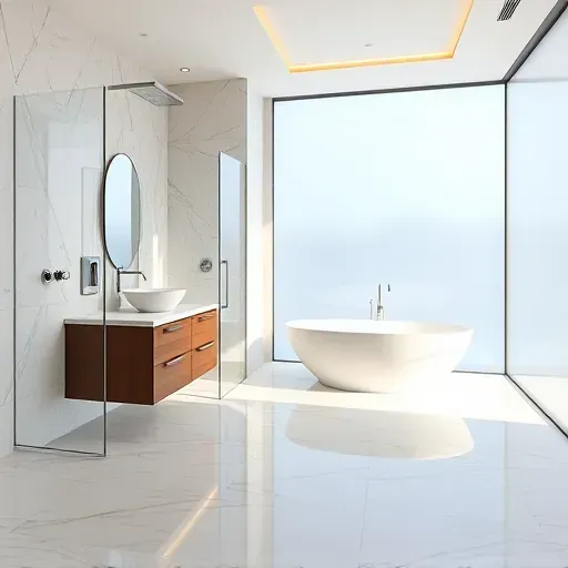 Luxury renovated bathroom in Travilah Maryland with marble shower, freestanding tub, minimalist vanity, and natural light