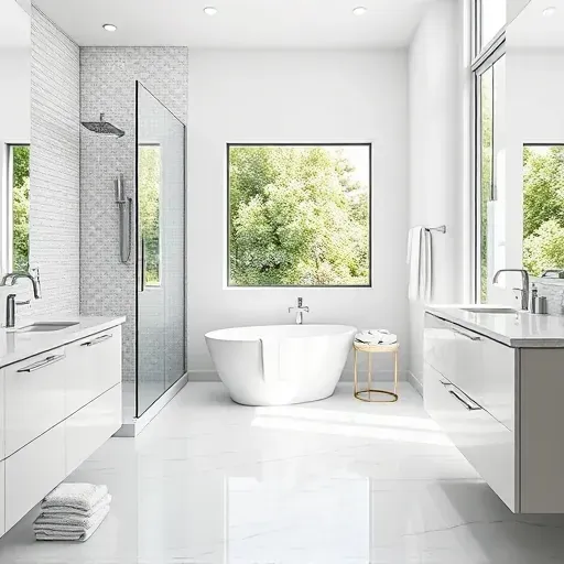 Renovated modern bathroom in Travilah MD with walk-in shower, soaking tub, marble countertops, and neutral tones