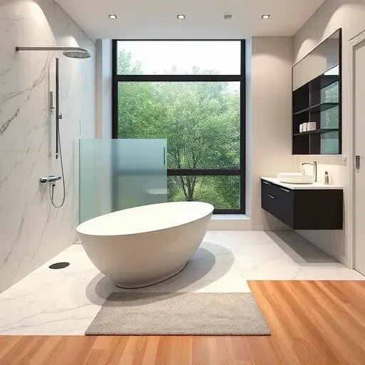 Completed bathroom remodel in Rockville MD featuring sleek design, freestanding tub, glass shower, and modern finishes.