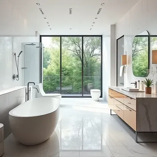 Renovated Rockville bathroom featuring modern design, freestanding tub, marble counters, and elegant natural lighting.