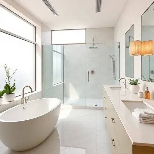 Modern renovated bathroom with walk-in glass shower, soaking tub, marble countertops, large frosted windows, and natural light