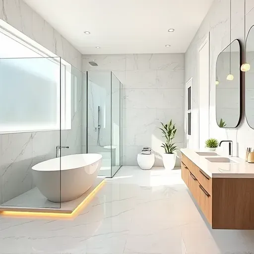 Renovated bathroom in Tysons VA with modern design, marble tiles, freestanding tub, and natural lighting features.