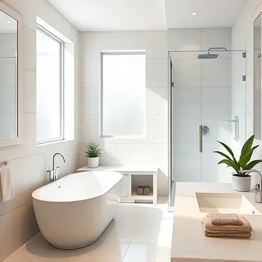 Remodeled bathroom in Herndon VA features modern fixtures, glass shower, freestanding tub, marble counters, and ambient lighting.