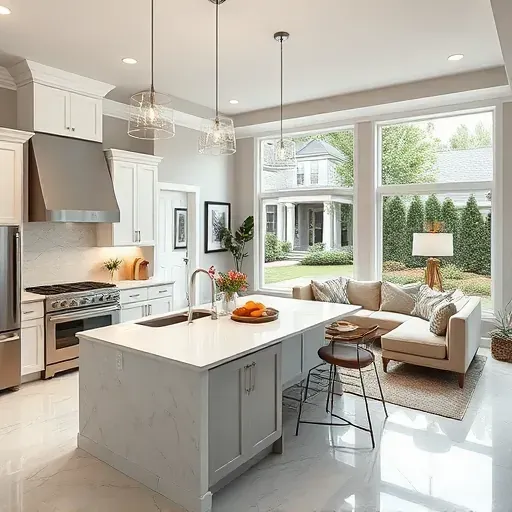 Renovated kitchen and living area in Burtonsville MD with modern appliances, elegant island, and inviting decor.