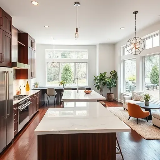 Modern kitchen remodel in Alexandria VA with stainless steel appliances, marble counters, custom cabinetry, and bright living area.