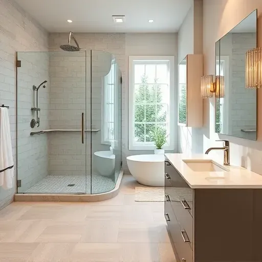 Modern renovated bathroom in Greenbelt MD with walk-in glass shower, freestanding tub, marble counters, and sleek fixtures
