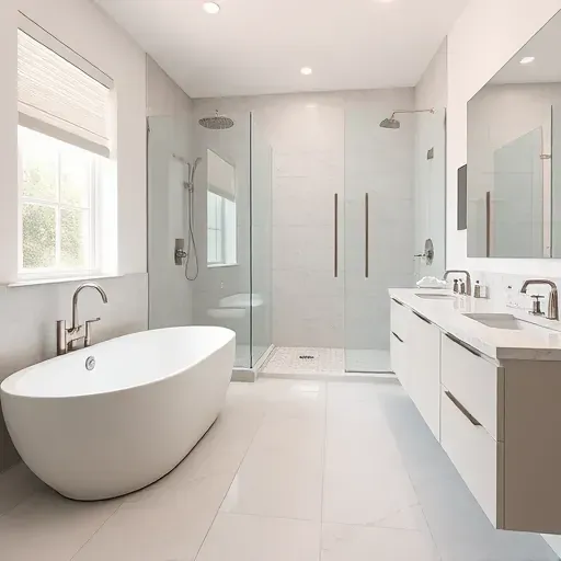 Beautiful renovated Laurel MD bathroom with modern fixtures, marble vanity, glass shower, freestanding tub and elegant decor