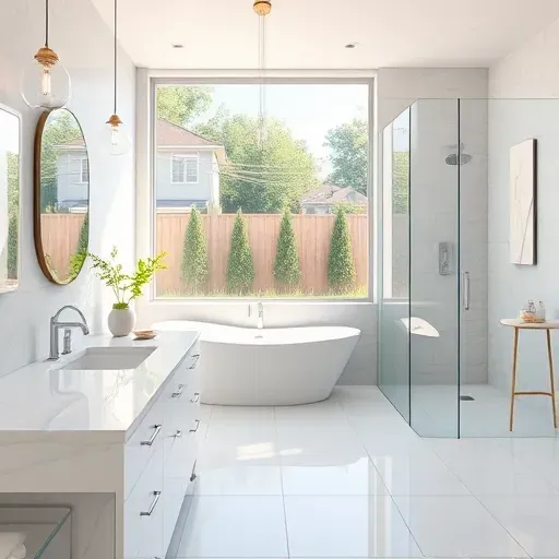 Renovated bathroom in Kensington MD with modern design, marble countertops, freestanding tub, and elegant lighting.