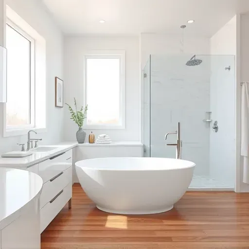 Modern Takoma Park bathroom with white marble countertops, soaking tub, glass shower, natural light, and stylish decor