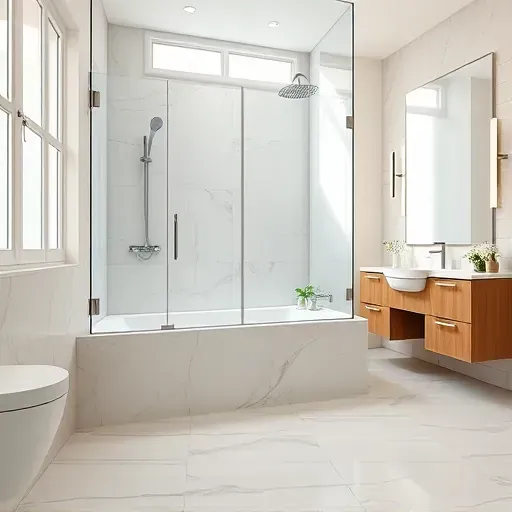 Modern Rockville bathroom with glass shower enclosure, chrome fixtures, marble and porcelain tiles, natural light, sleek vanity