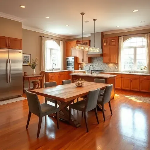 Modern kitchen remodel in Falls Church, VA featuring stainless appliances, granite island, elegant cabinetry, and polished hardwood.