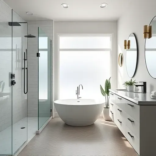 Remodeled bathroom in Rockville MD features walk-in glass shower, freestanding tub, double vanity, and soft natural light.