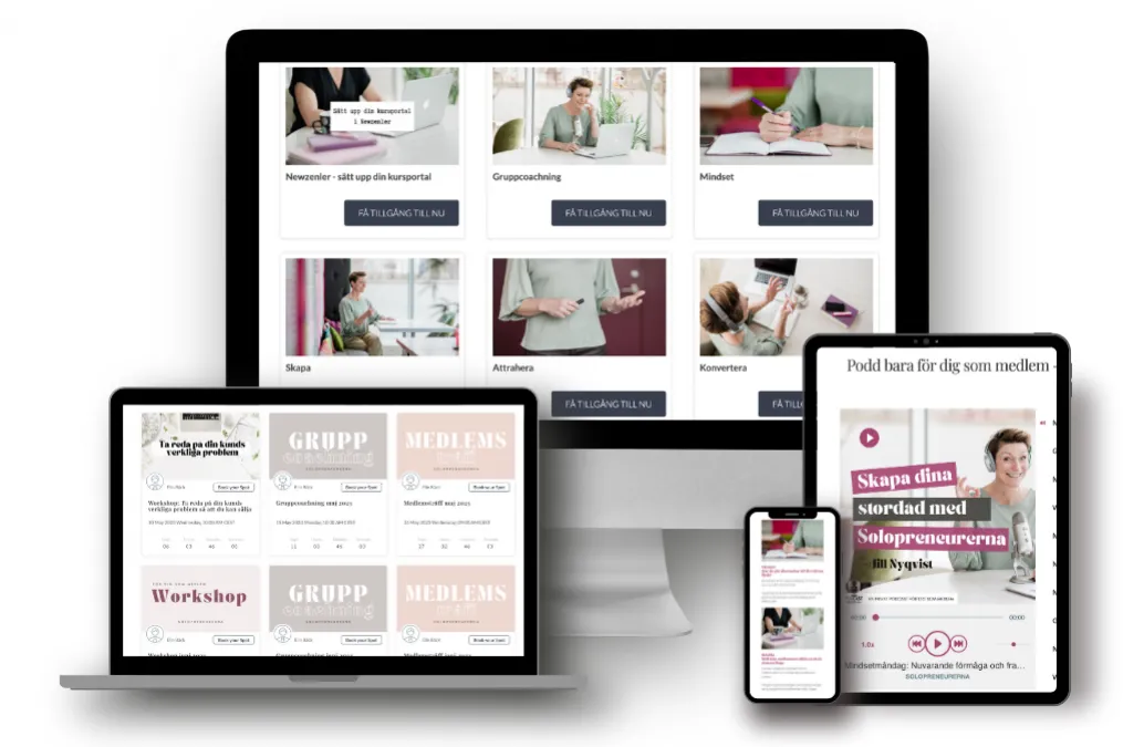 En mockup av olika skärmstorlekar som visar en del av utbudet och de resurser man får som medlem i Solopreneurerna