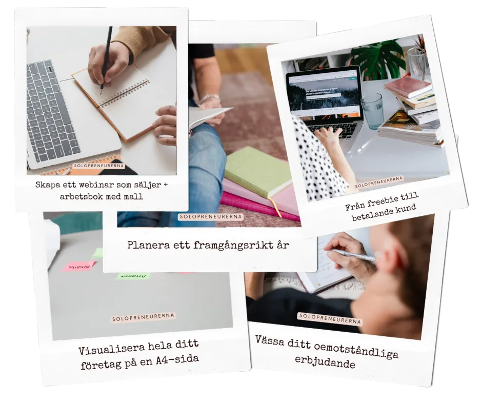 En mochup av fem bilder i polaroidstil som visar upp några av de resurser so  i medlemskapet