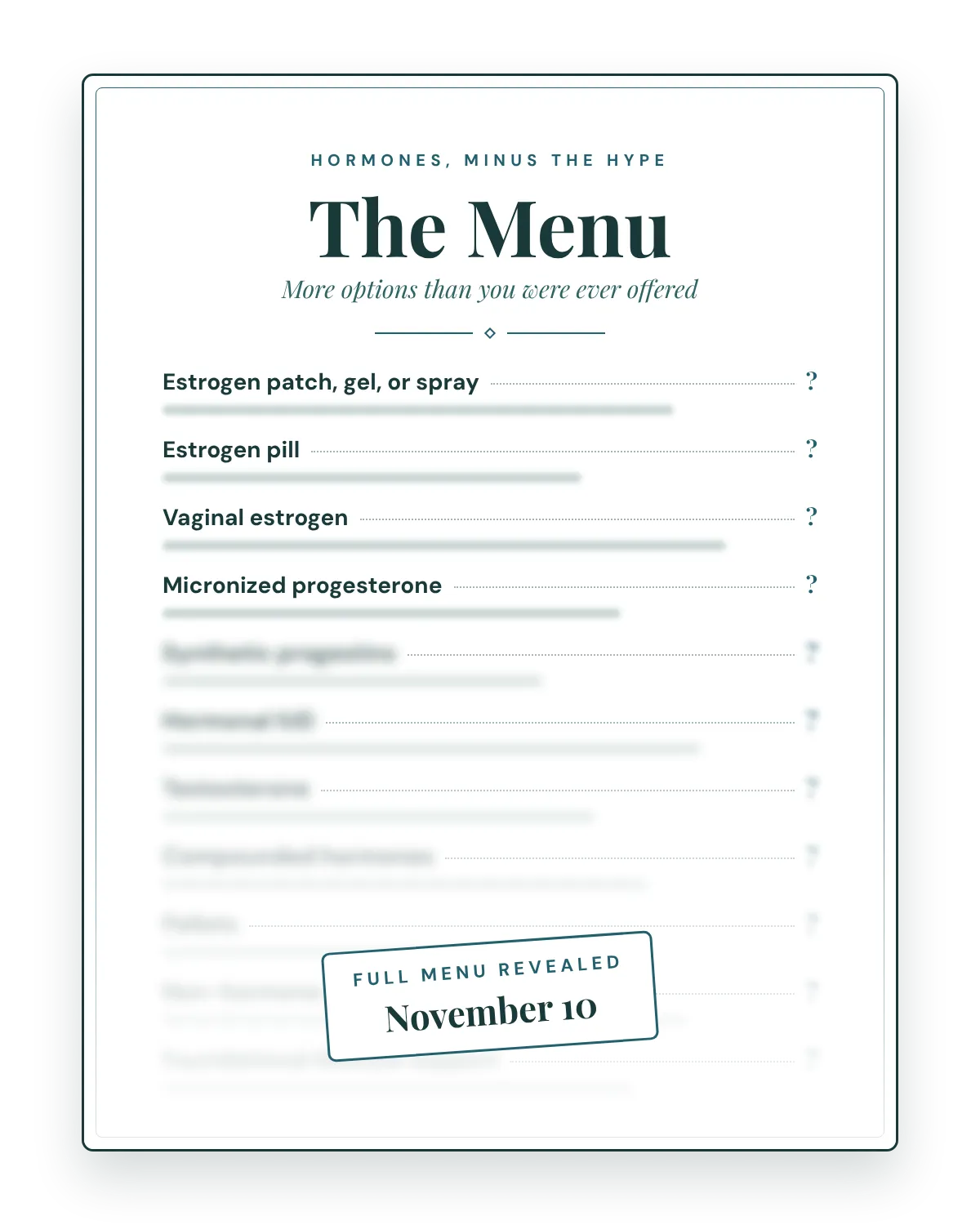 The hormone therapy menu, full details revealed November 10