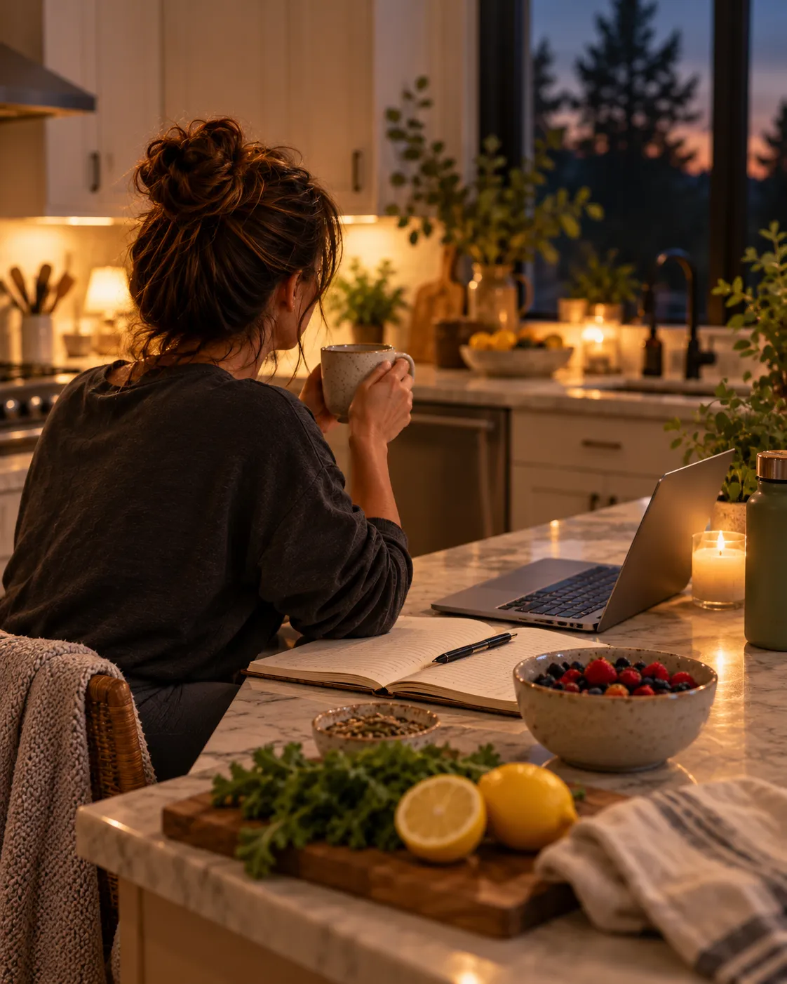 A woman at her kitchen counter in the evening with tea, a notebook, and her laptop
