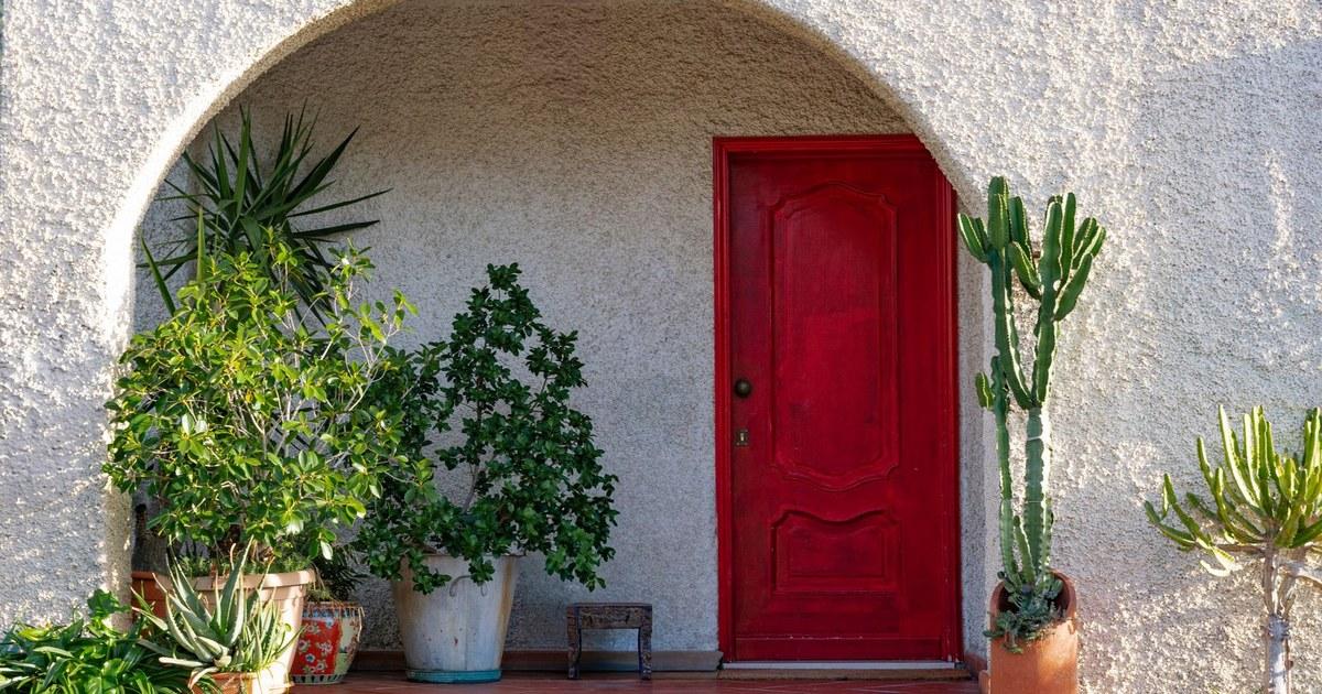 Red front door under a stucco archway with potted plants and cactus