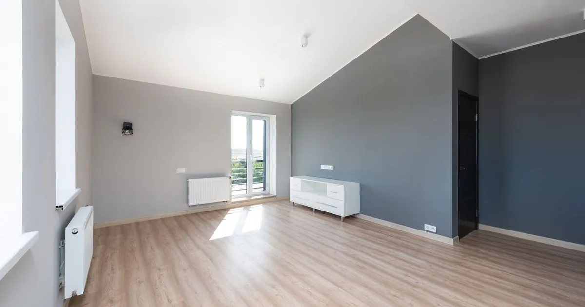 Empty living room with light wood floors, gray walls, and a glass balcony door