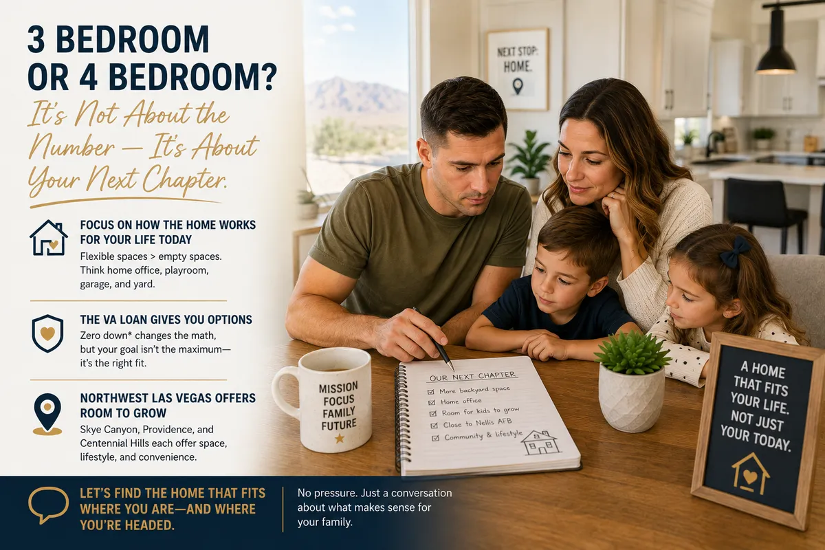 Military homebuyers comparing three-bedroom and four-bedroom home options when using a VA loan in Northwest Las Vegas
