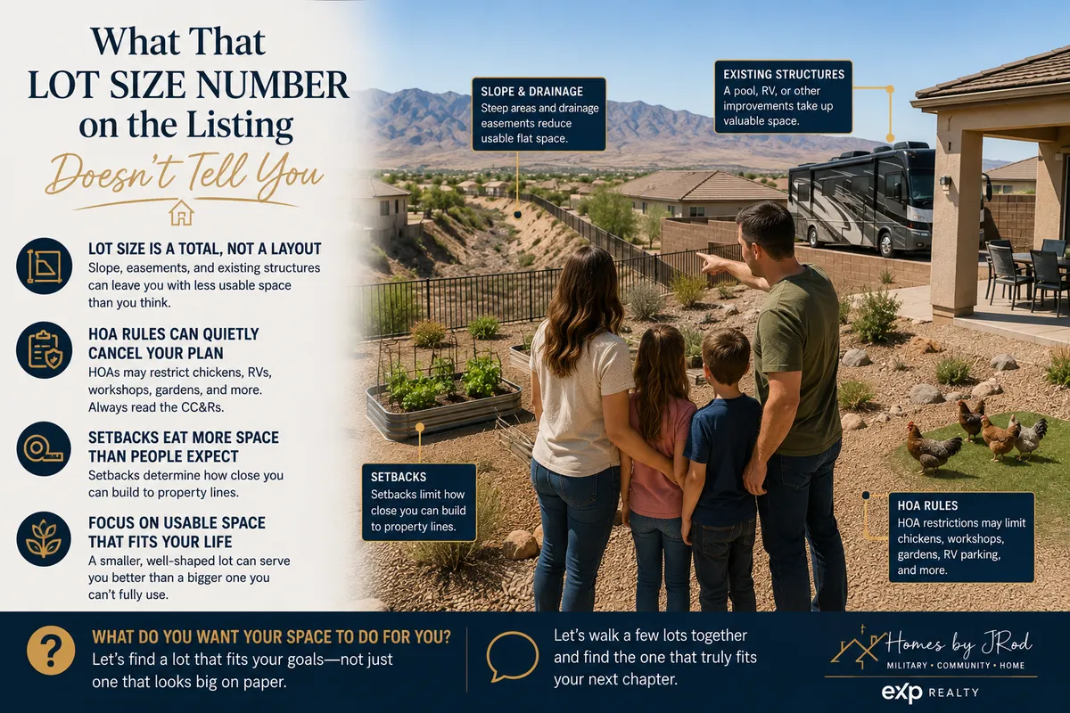 Northwest Las Vegas homebuyers evaluating usable backyard space, lot slope, setbacks, HOA restrictions, RV parking, and garden space