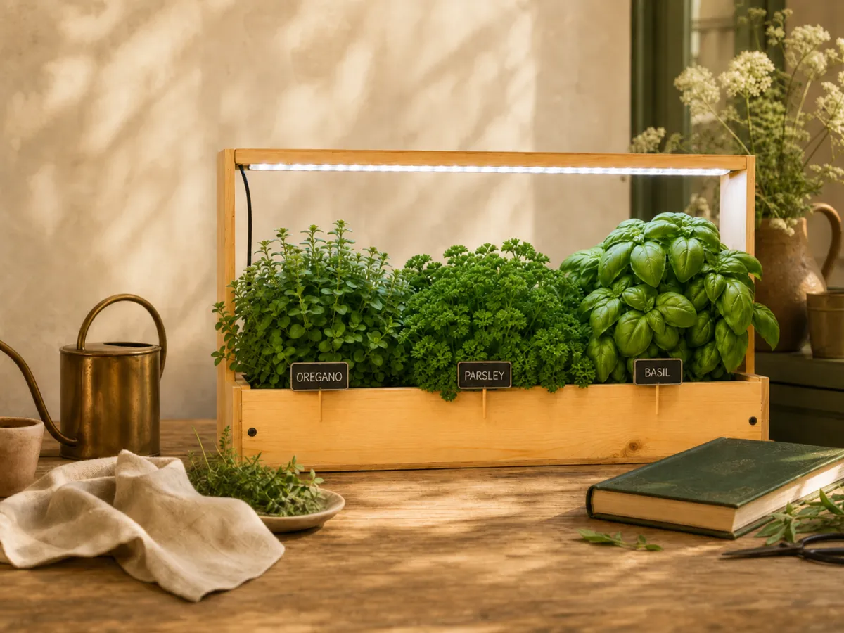 Wooden indoor herb planter with oregano, parsley, and basil