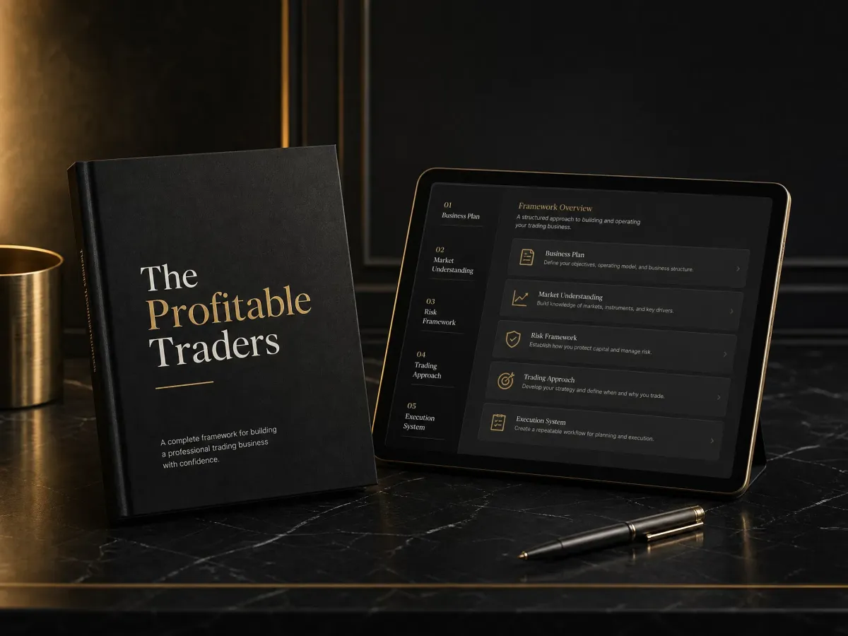 A premium black trading guide and planning workbook displayed on an obsidian desk