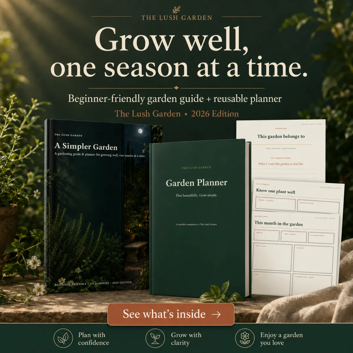 The Lush Garden guidebook and planner styled in a sunlit garden