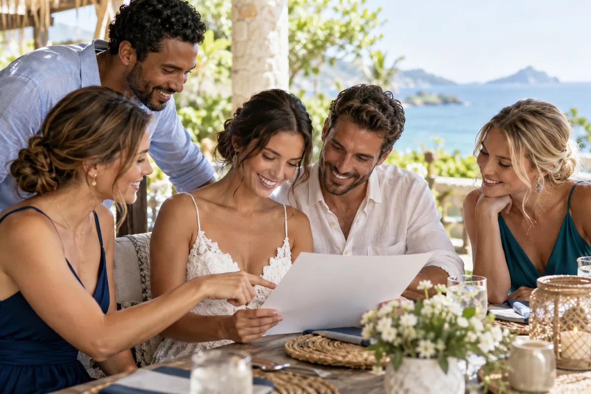 Couple reviewing wedding travel plans with an advisor on a laptop.