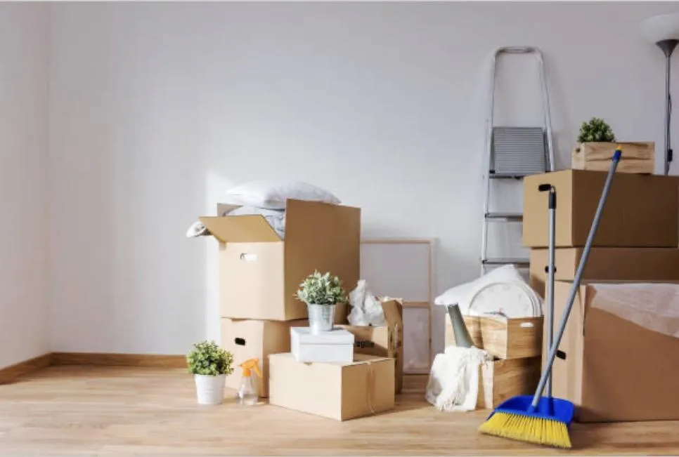 Feet sticking out of a moving box during cleaning