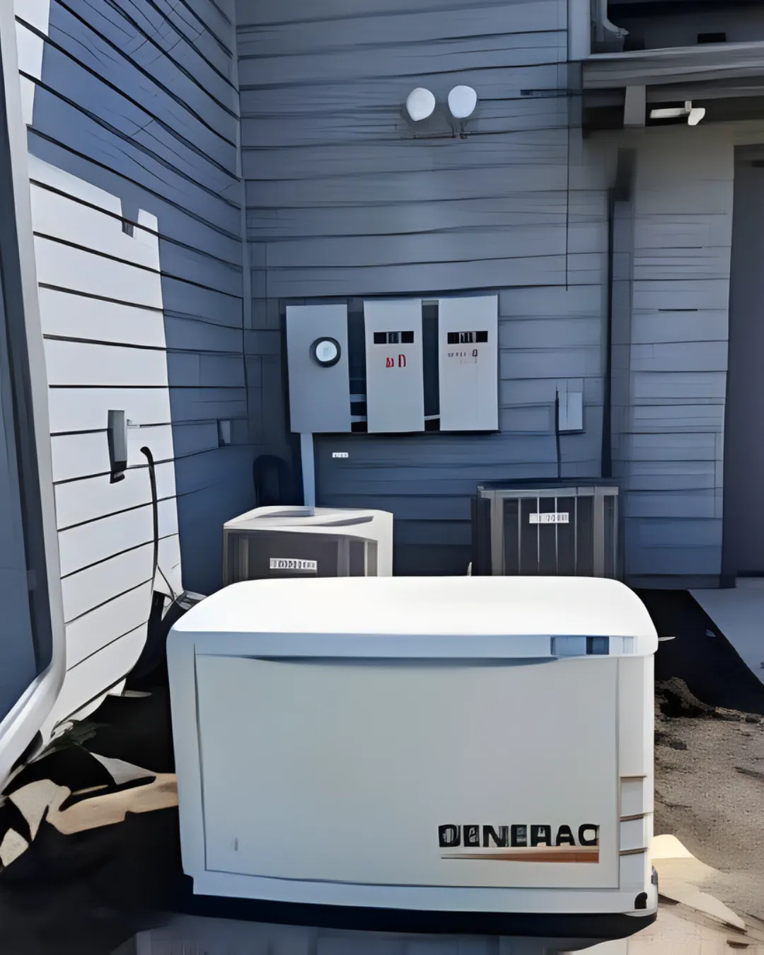 Two workers install a large generator on grass in a suburban neighborhood. A beige house and utility vehicles are in the background. The mood is focused.