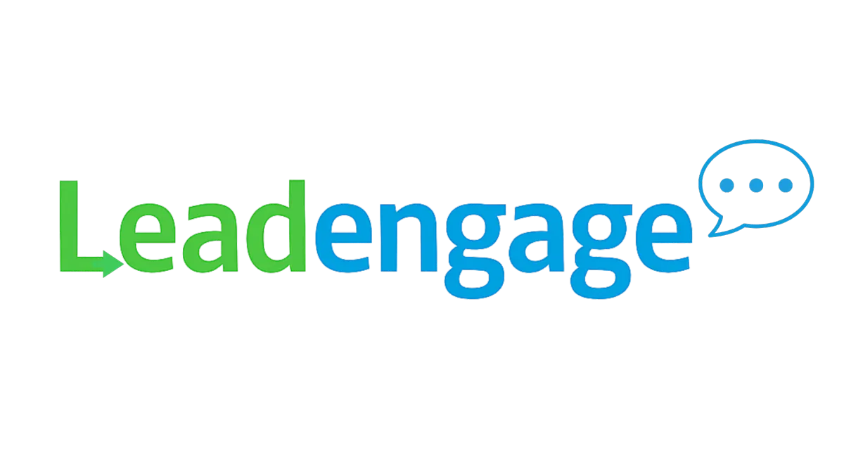 Leadengage logo featuring green and blue text with a speech bubble, representing automated texting solutions for real estate professionals.