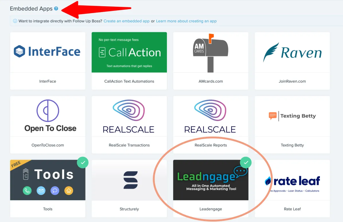 Leadengage logo featuring "Drip Texting + Social + Chat" within an app integration interface for real estate communication tools.