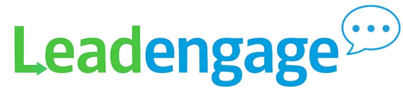 Leadengage logo featuring green and blue text with a speech bubble, representing automated texting solutions for real estate professionals.