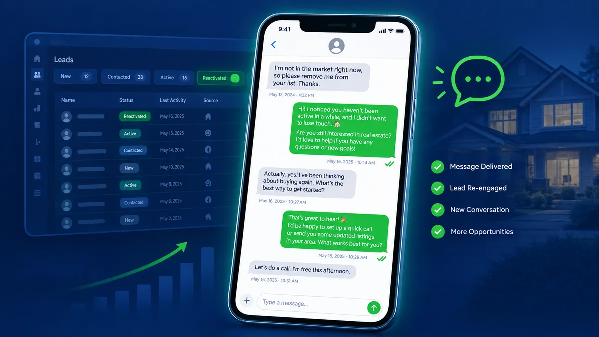 Smartphone showing an automated SMS database reactivation text conversation with a previously cold real estate lead, with a CRM dashboard in the background