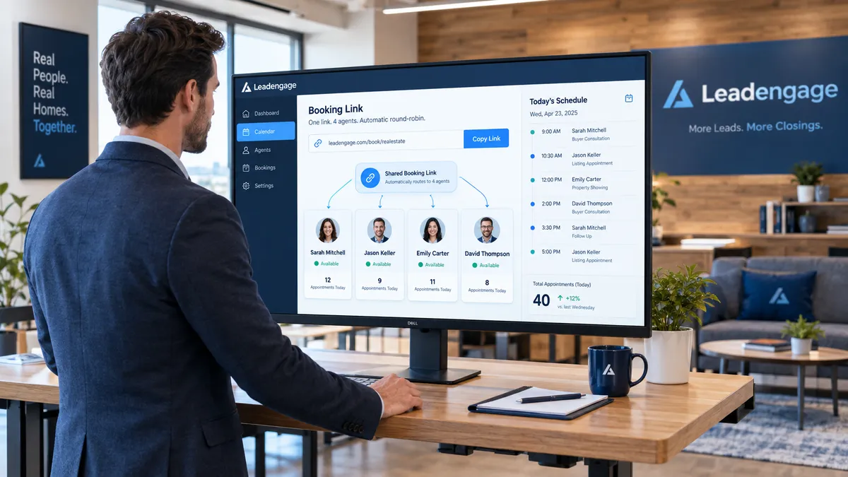 Real estate team dashboard showing round-robin calendar booking distributing appointments automatically across multiple agent profiles in Leadengage