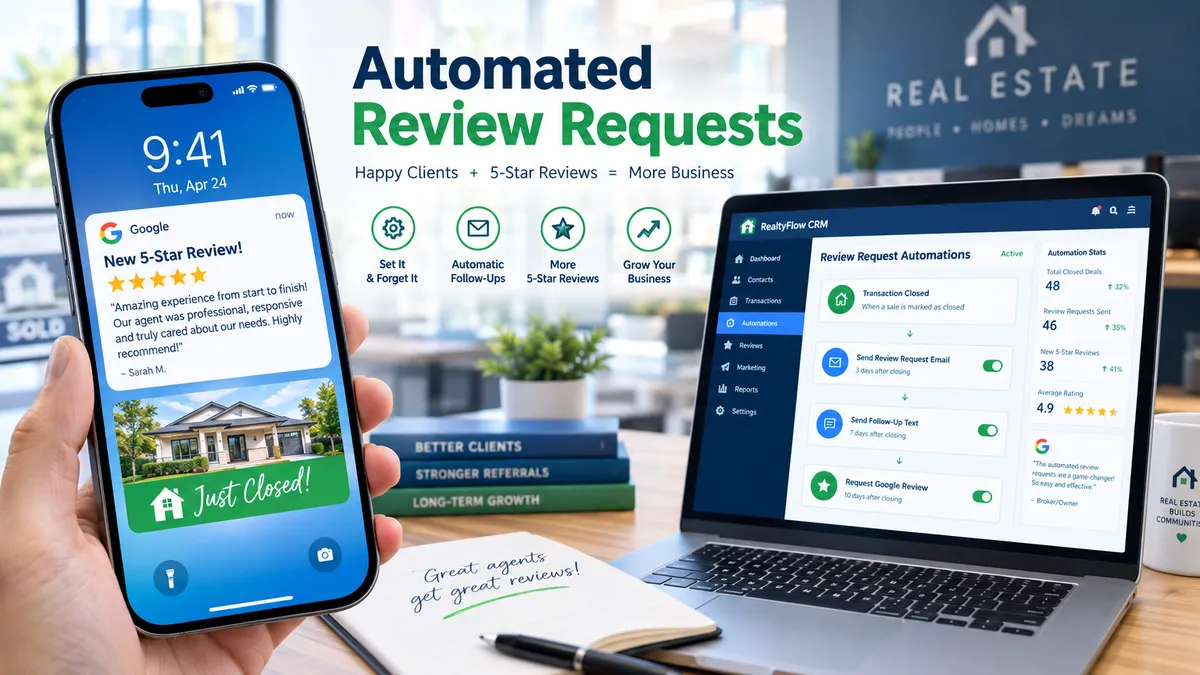 Smartphone showing a 5-star Zillow and Google review notification with an automated CRM review request workflow on screen for a real estate closing