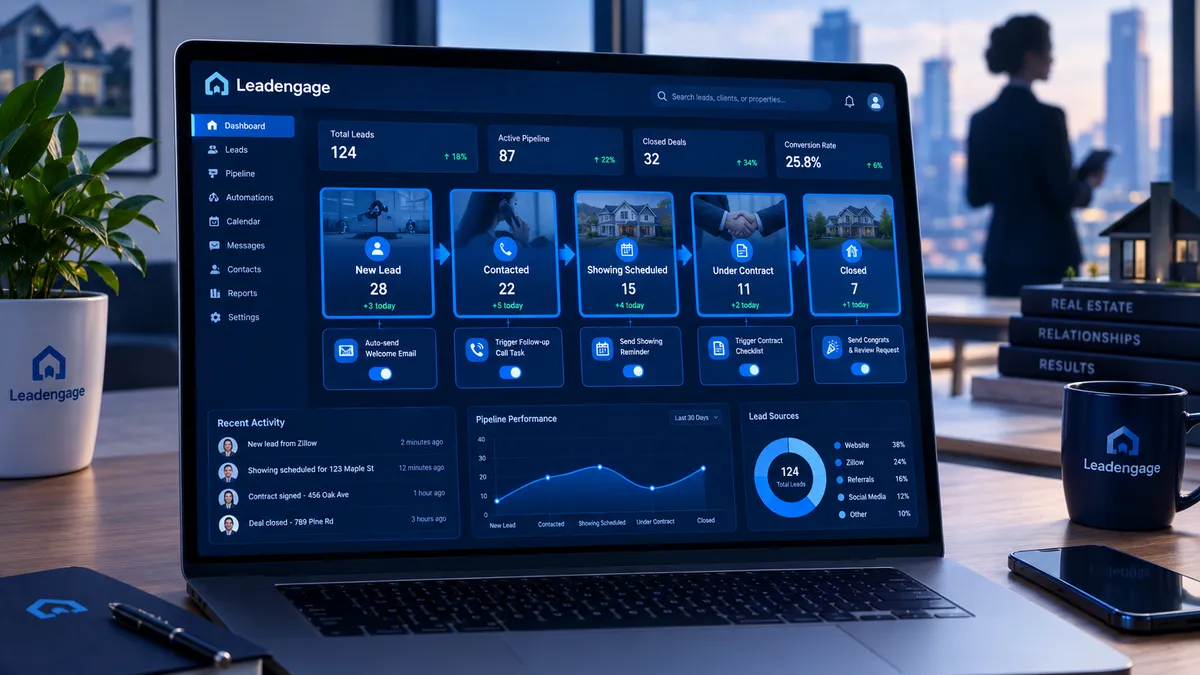 Leadengage real estate CRM pipeline dashboard showing automated stage triggers firing follow-up texts and tasks as deals move from New Lead through Closed