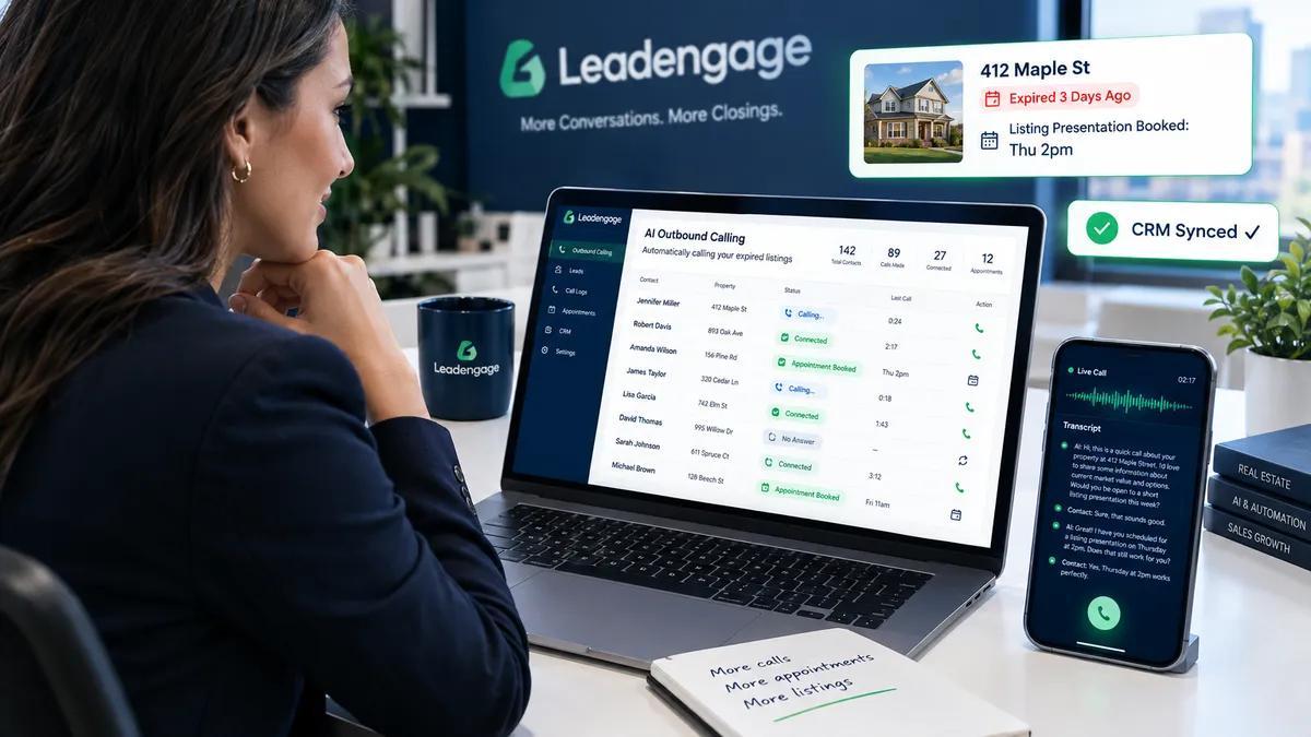 Real estate agent reviewing an AI outbound calling dashboard showing expired listing contacts being automatically dialed with appointment bookings synced to CRM