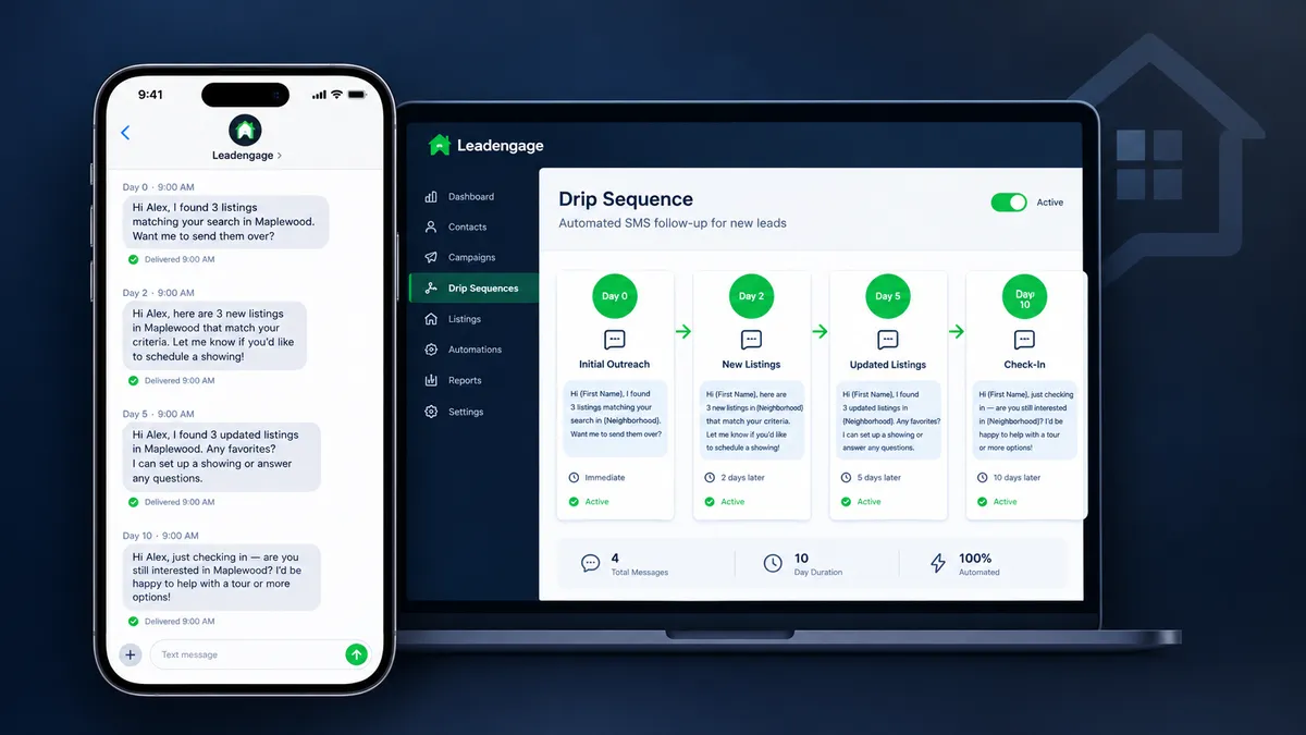 Smartphone displaying an automated SMS drip sequence workflow for real estate buyer lead nurture inside Leadengage with timed message steps on a dark navy background