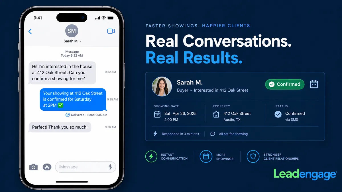 iPhone displaying a blue iMessage showing confirmation with read receipt for a real estate showing at 412 Oak Street, with a CRM contact card showing confirmed status