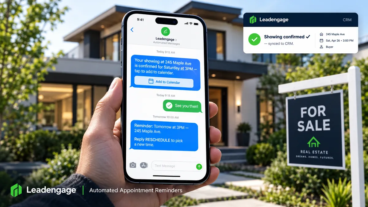 Smartphone showing an automated appointment reminder text sequence for a real estate showing with a CRM confirmation overlay synced to Leadengage